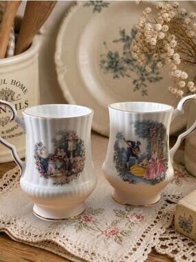 Vintage Royal Windsor Bone China Mugs Set of 2 | English Courting Scenes | Gold